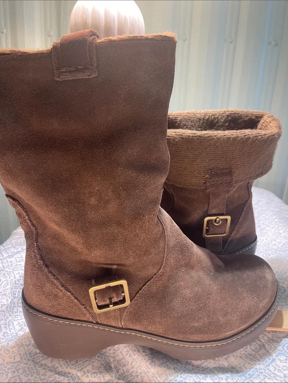 CROCS Brown Suede Wedge Ankle Boots with Knit Cuff